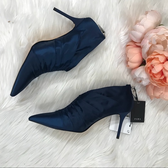 NWT ZARA Blue Gathered Satin High Heel Ankle Boots - Picture 7 of 8